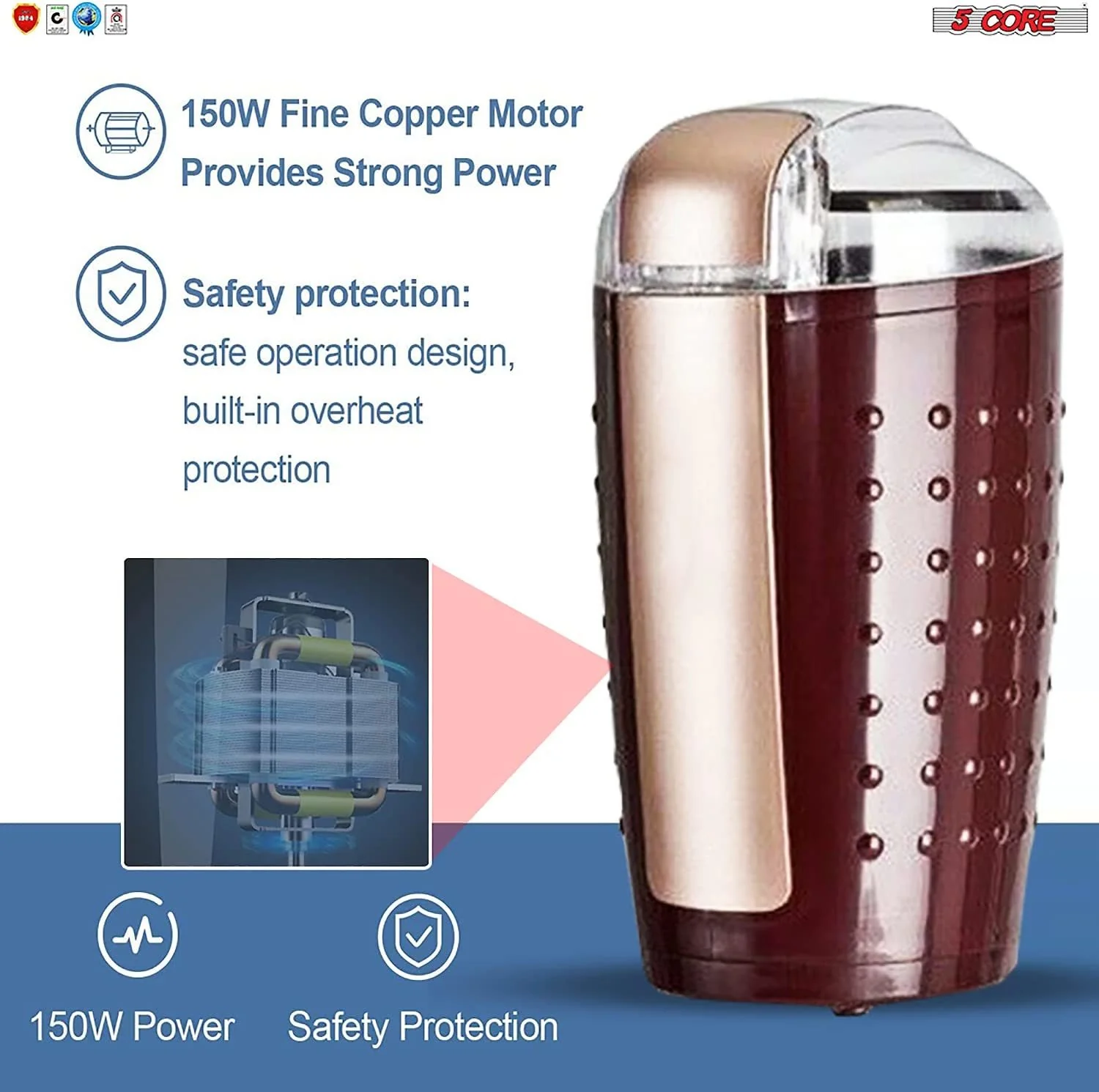 5 Core 2 Pack Coffee Grinder 5 Ounce Electric Large Portable Compact 150W Spice Grinder Perfect for Spices, Dry Herbs Grinds Course Fine Ground Beans for 12 Cups Coffee Black & Brown - Image 10