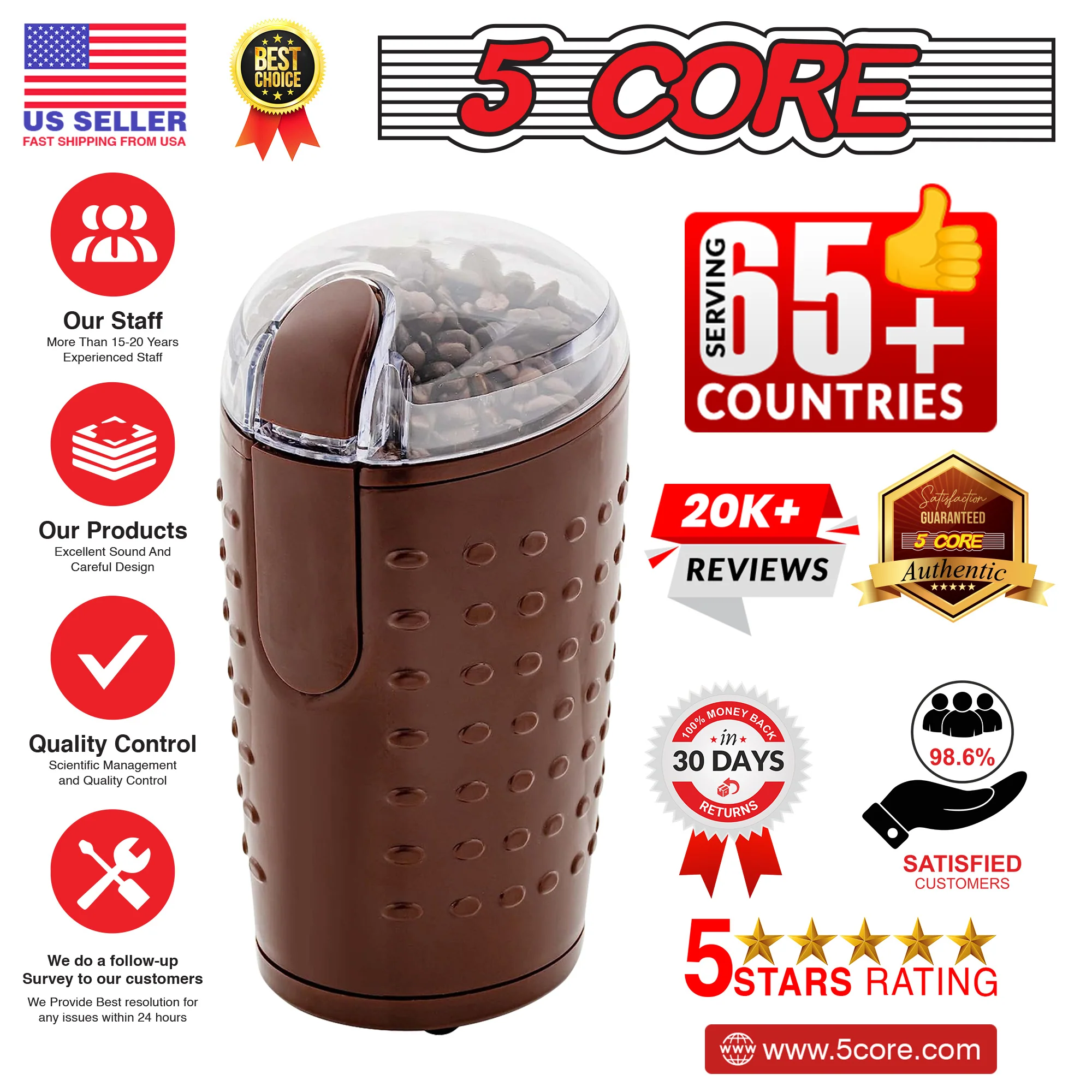 5 Core 2 Pack Coffee Grinder 5 Ounce Electric Large Portable Compact 150W Spice Grinder Perfect for Spices, Dry Herbs Grinds Course Fine Ground Beans for 12 Cups Coffee Black & Brown - Image 12