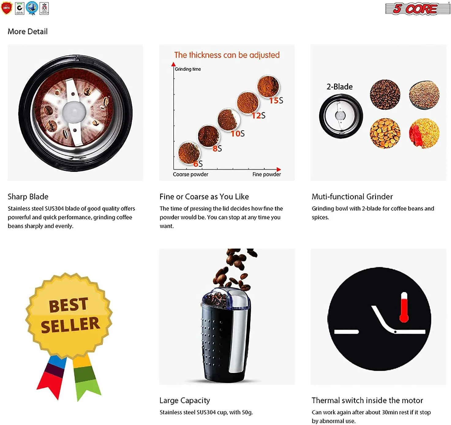 5 Core 2 Pack Coffee Grinder 5 Ounce Electric Large Portable Compact 150W Spice Grinder Perfect for Spices, Dry Herbs Grinds Course Fine Ground Beans for 12 Cups Coffee Black & Brown - Image 4