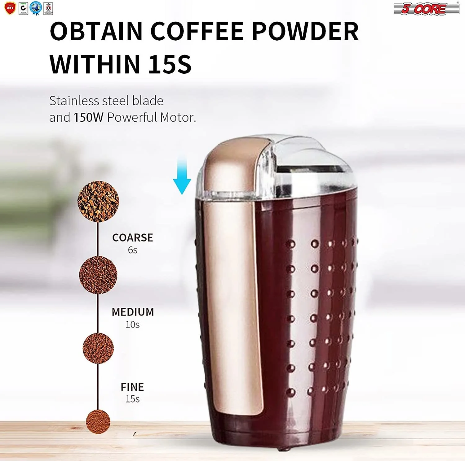 5 Core 2 Pack Coffee Grinder 5 Ounce Electric Large Portable Compact 150W Spice Grinder Perfect for Spices, Dry Herbs Grinds Course Fine Ground Beans for 12 Cups Coffee Black & Brown - Image 5