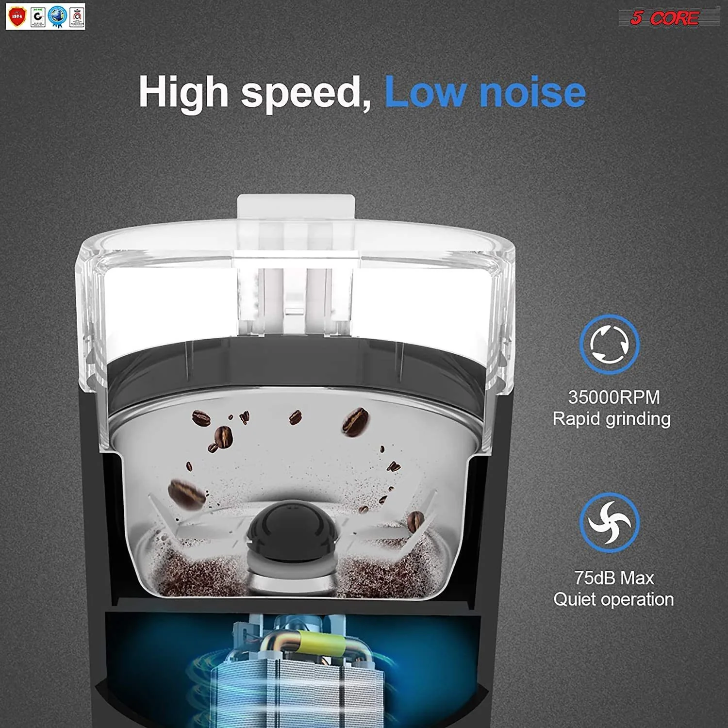 5 Core 2 Pack Coffee Grinder 5 Ounce Electric Large Portable Compact 150W Spice Grinder Perfect for Spices, Dry Herbs Grinds Course Fine Ground Beans for 12 Cups Coffee Black & Brown - Image 6