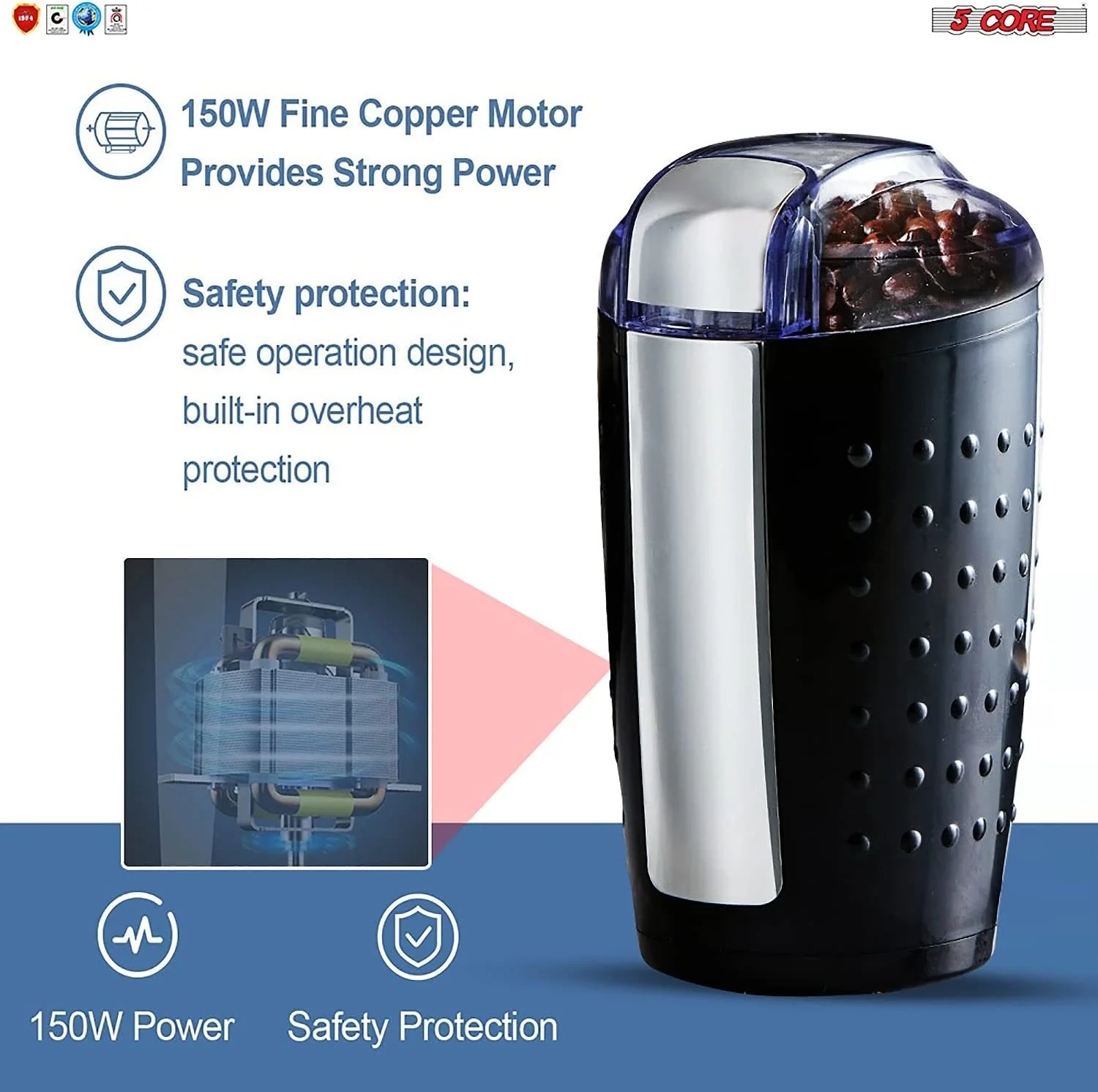 5 Core 2 Pack Coffee Grinder 5 Ounce Electric Large Portable Compact 150W Spice Grinder Perfect for Spices, Dry Herbs Grinds Course Fine Ground Beans for 12 Cups Coffee Black & Brown - Image 7