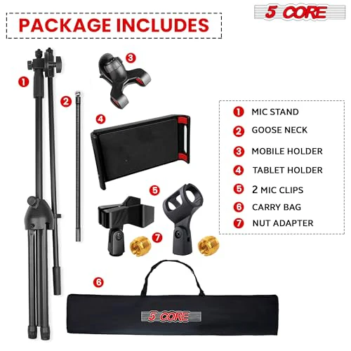 5 Core Microphone Stand Pair + Phone Holder Floor Boom Mic Stand Gooseneck + Tablet Holder Collapsible Adjustable Tripod Mic Stand w Two Mic Clips + Carry Bag for Singing Karaoke Studio Parties MS MOB - Image 4