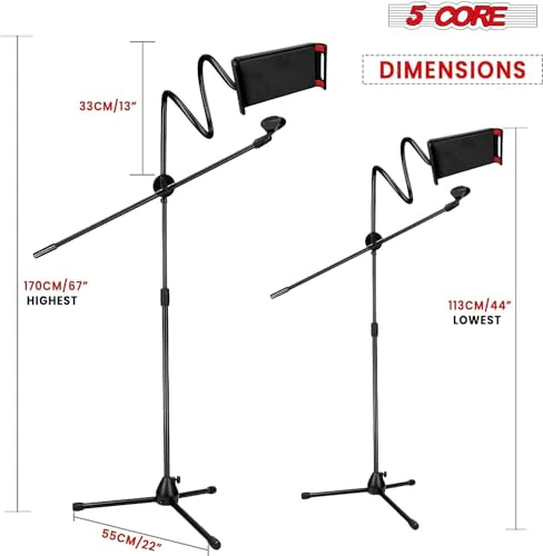 5 Core Microphone Stand Pair + Phone Holder Floor Boom Mic Stand Gooseneck + Tablet Holder Collapsible Adjustable Tripod Mic Stand w Two Mic Clips + Carry Bag for Singing Karaoke Studio Parties MS MOB - Image 9