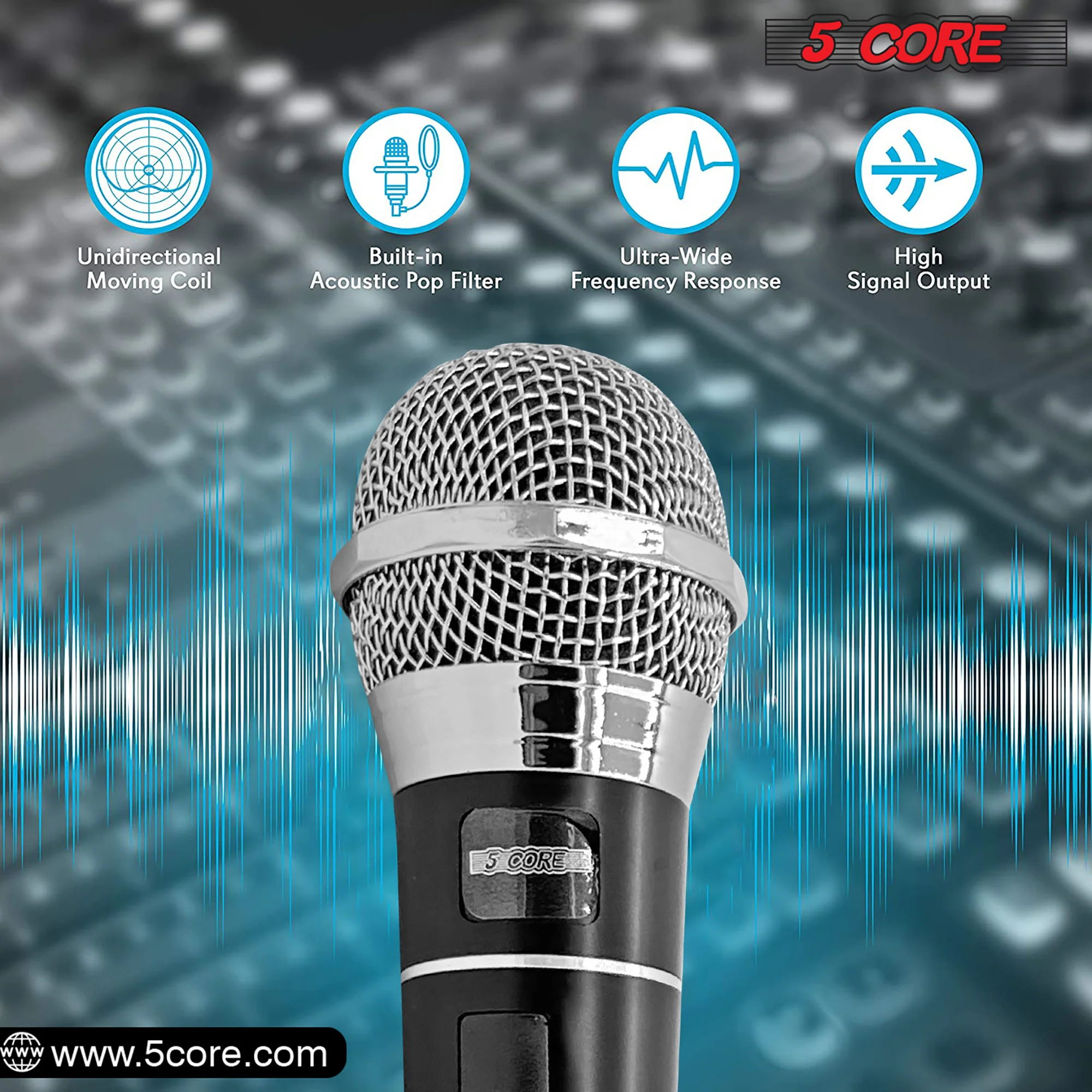 5 CORE Premium Handheld Microphone Unidirectional Vocal Dynamic Cardioid Mic W Detachable 10ft XLR Cable, Mic Clip, Mesh Grille & ON/Off Switch Suited for Speakers, Amp, Mixers, Karaoke Singing- PM100 - Image 9