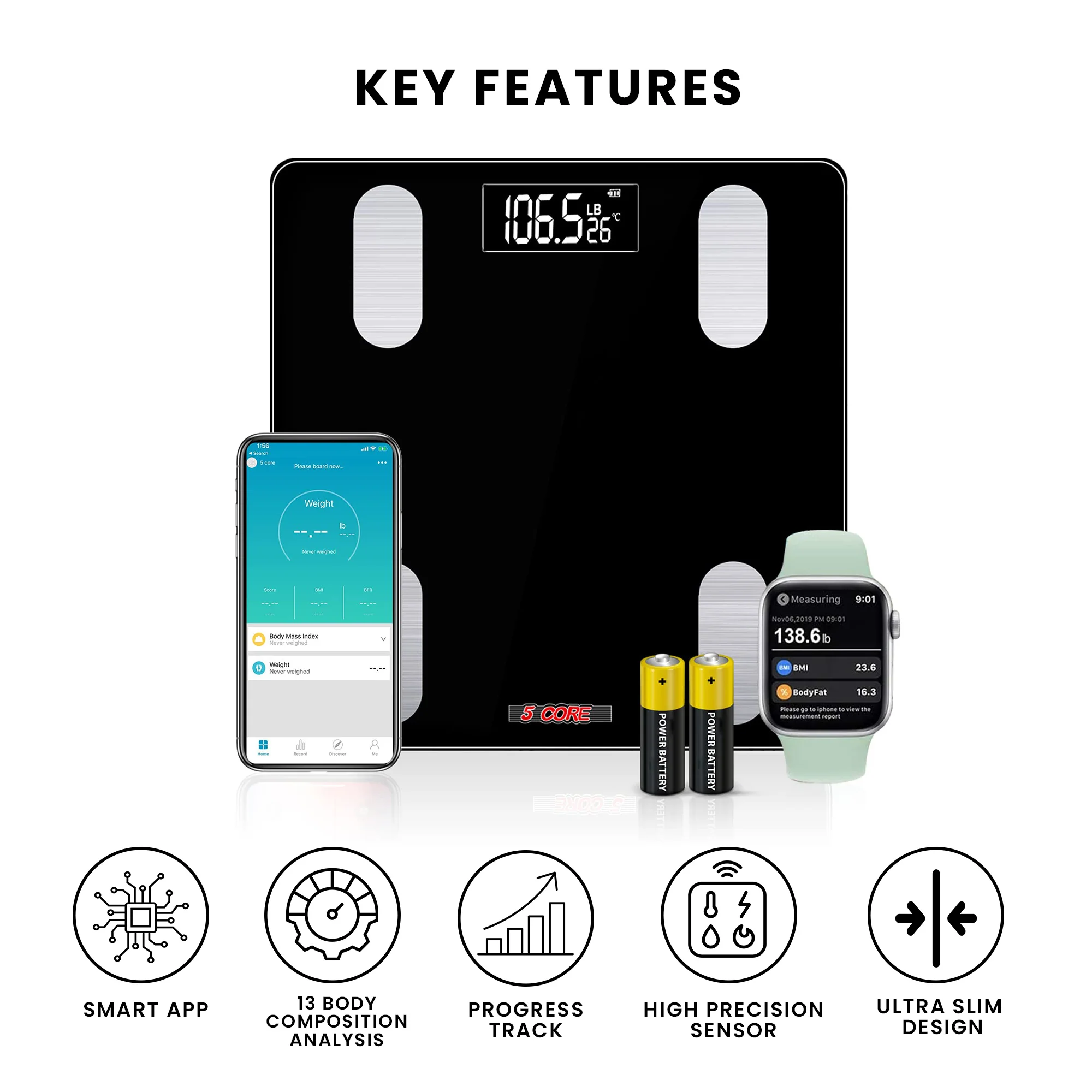 5 Core Scales for Body Weight Fat Bathroom Scale Smart Digital Bluetooth Weighing BMI bascula digital de peso y grasa corporal 400 lbs - BBS VL B BLK - Image 4