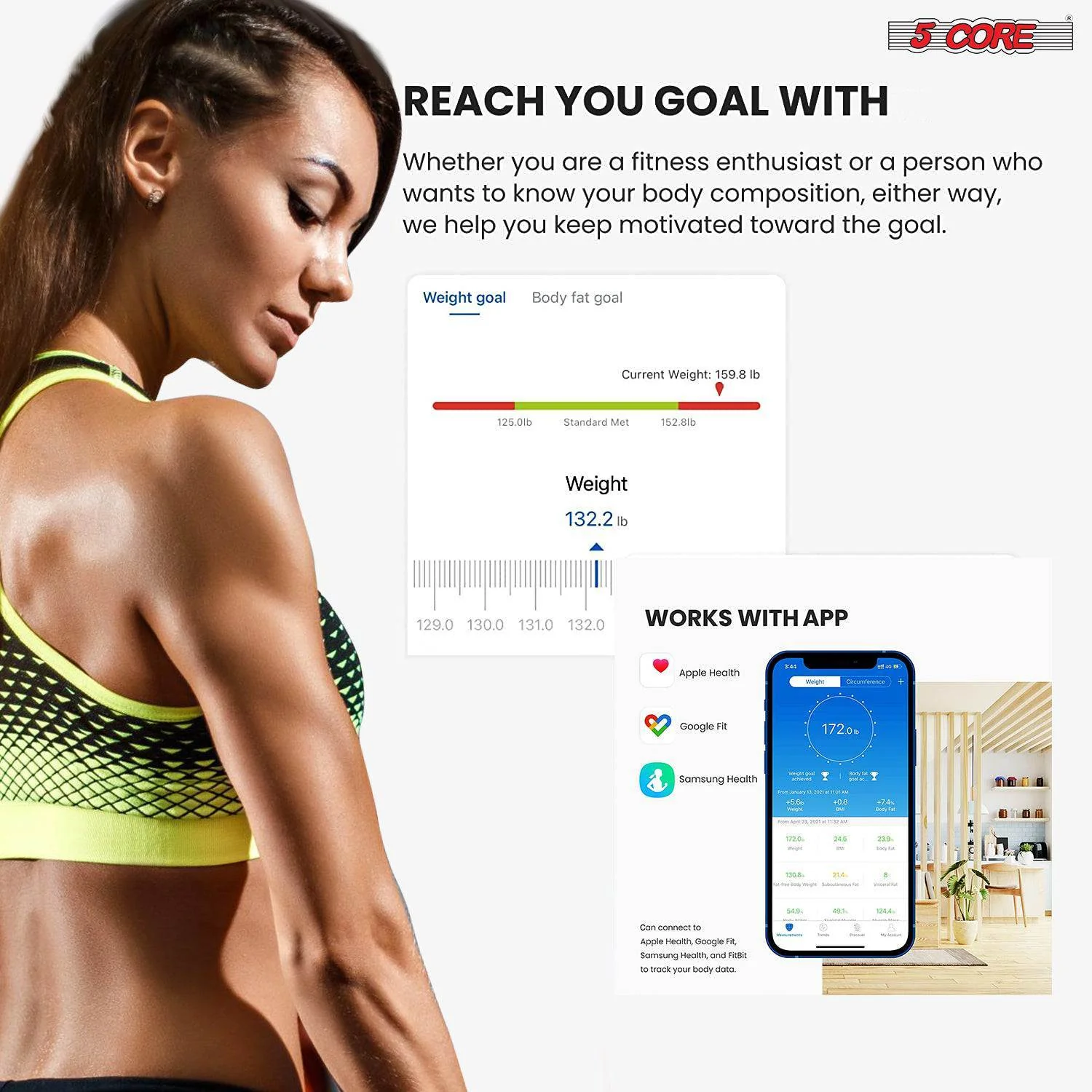 5 Core Scales for Body Weight Fat Bathroom Scale Smart Digital Bluetooth Weighing BMI bascula digital de peso y grasa corporal 400 lbs - BBS VL B BLK - Image 5