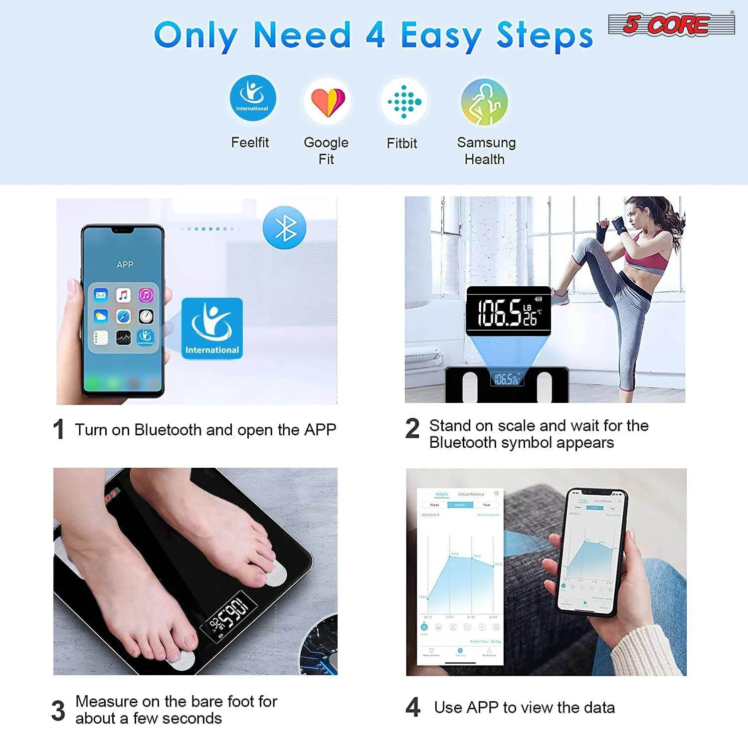 5 Core Scales for Body Weight Fat Bathroom Scale Smart Digital Bluetooth Weighing BMI bascula digital de peso y grasa corporal 400 lbs - BBS VL B BLK - Image 7