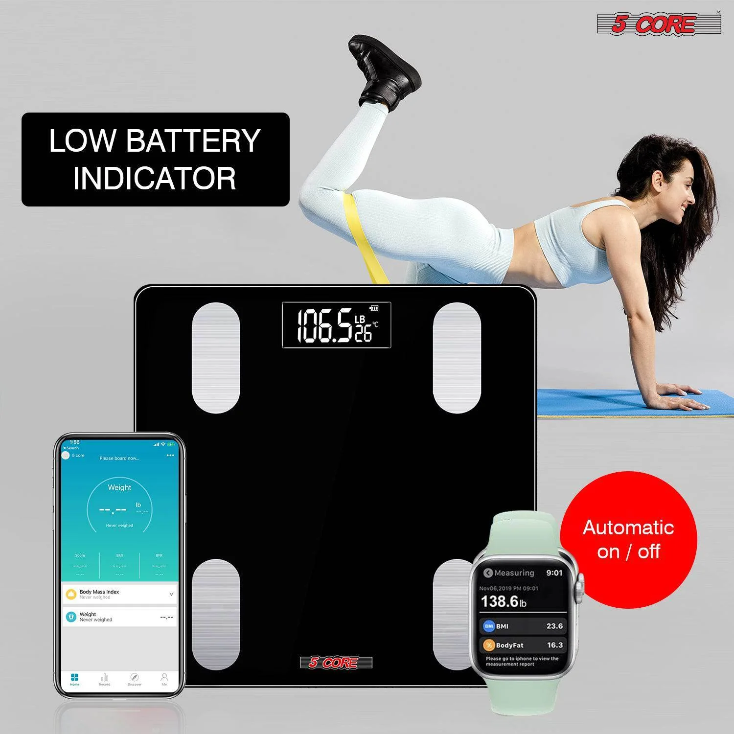 5 Core Scales for Body Weight Fat Bathroom Scale Smart Digital Bluetooth Weighing BMI bascula digital de peso y grasa corporal 400 lbs - BBS VL B BLK - Image 9