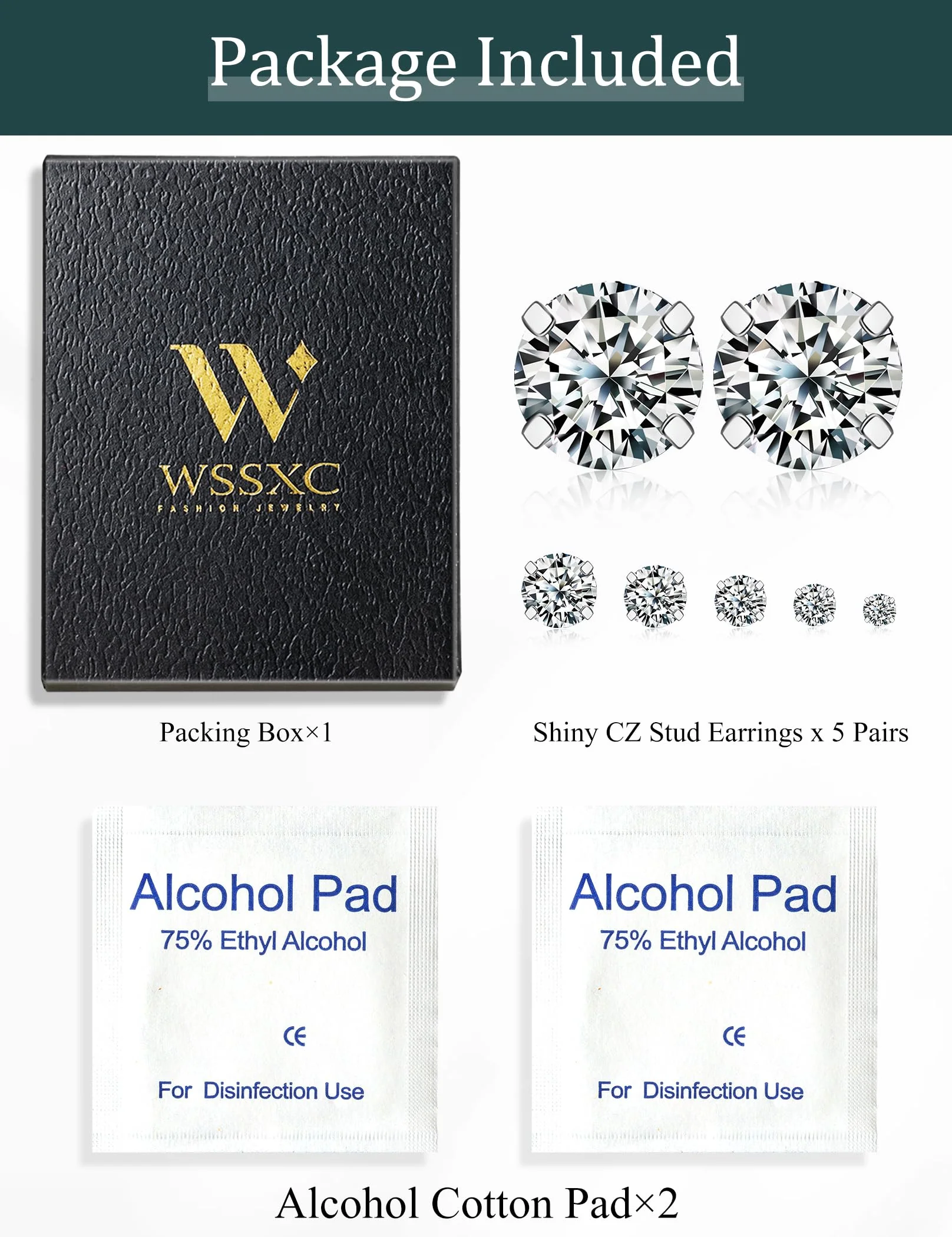 5 Pairs Stud Earrings Set, Hypoallergenic Cubic Zirconia 316L Earrings Stainless Steel CZ Earrings 3-8mm (Steel color) - Image 2