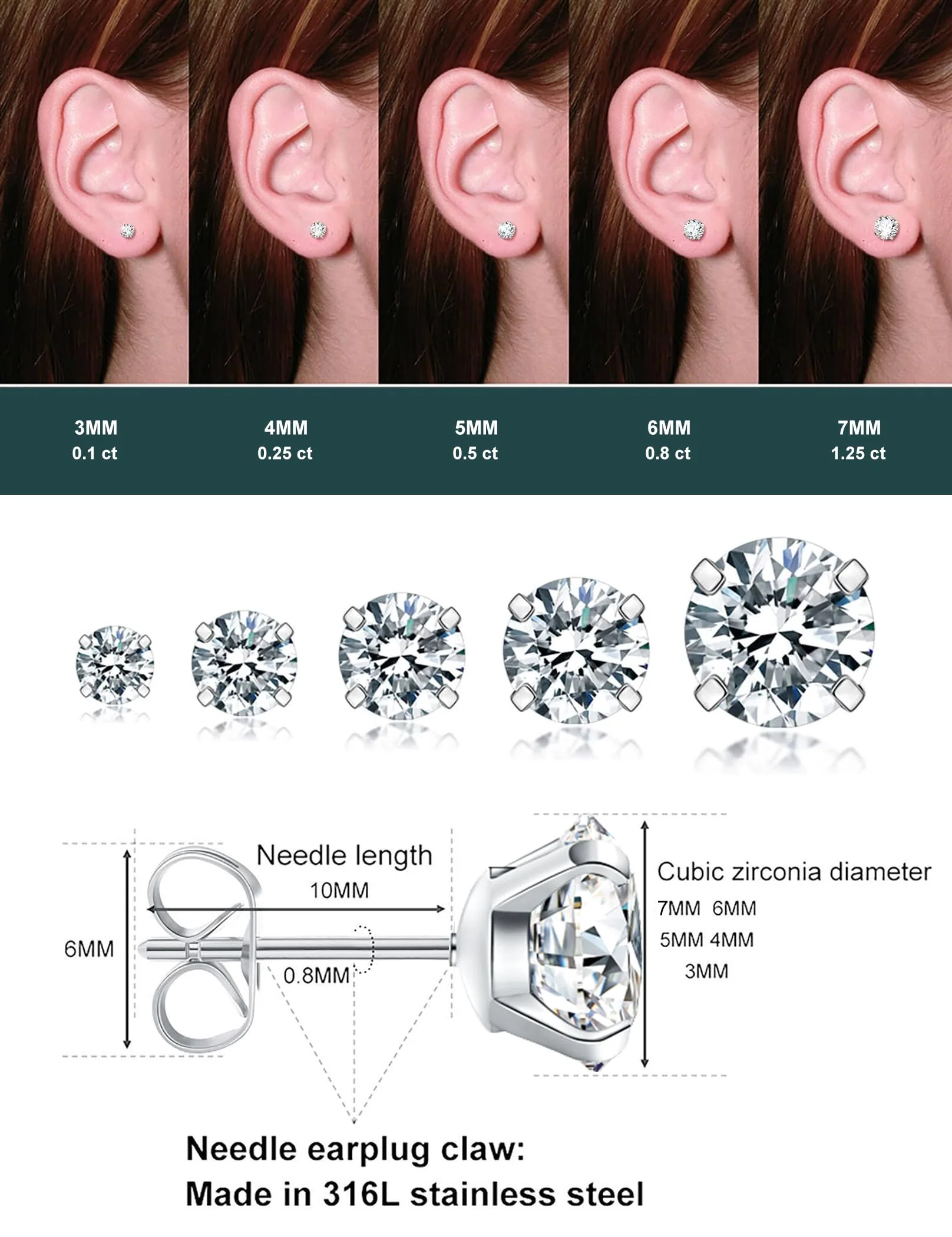 5 Pairs Stud Earrings Set, Hypoallergenic Cubic Zirconia 316L Earrings Stainless Steel CZ Earrings 3-8mm (Steel color) - Image 3