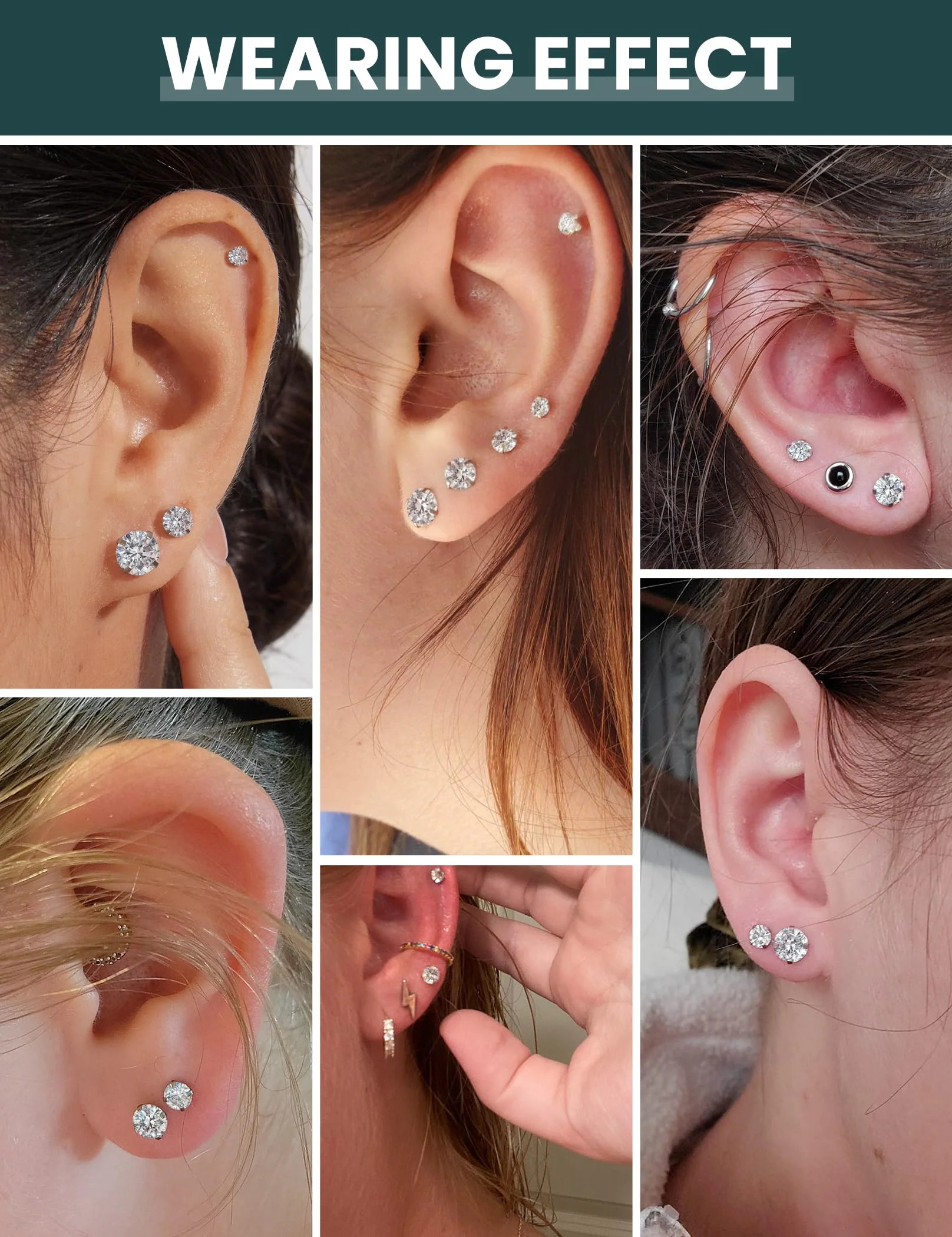 5 Pairs Stud Earrings Set, Hypoallergenic Cubic Zirconia 316L Earrings Stainless Steel CZ Earrings 3-8mm (Steel color) - Image 6