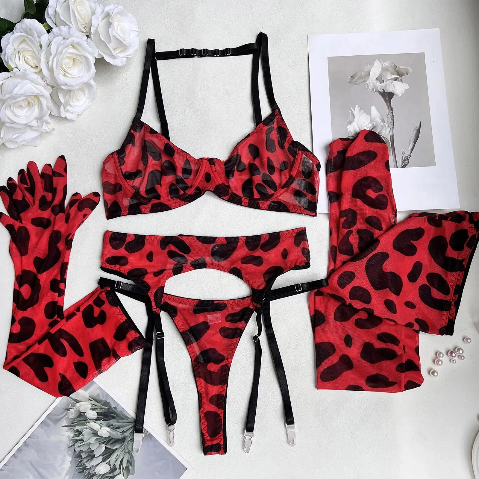 5 Pieces Erotic Lingerie with Stockings and Gloves Leopard Sheer Bra Panty Set Lace Transparent Bandage Exotic Sets Uncensored - Image 8