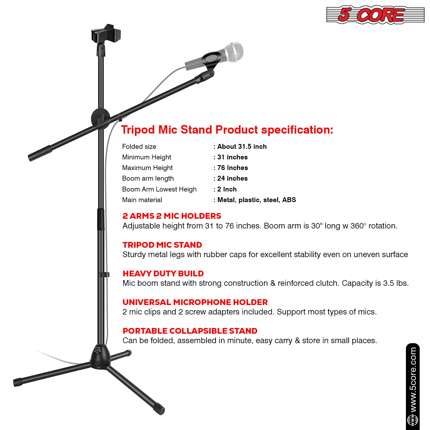 5Core Tripod Mic Stand Heavy Duty Adjustable Floor Microphone Boom Arm Pedestal Para Microfono - MS DBL - Image 15