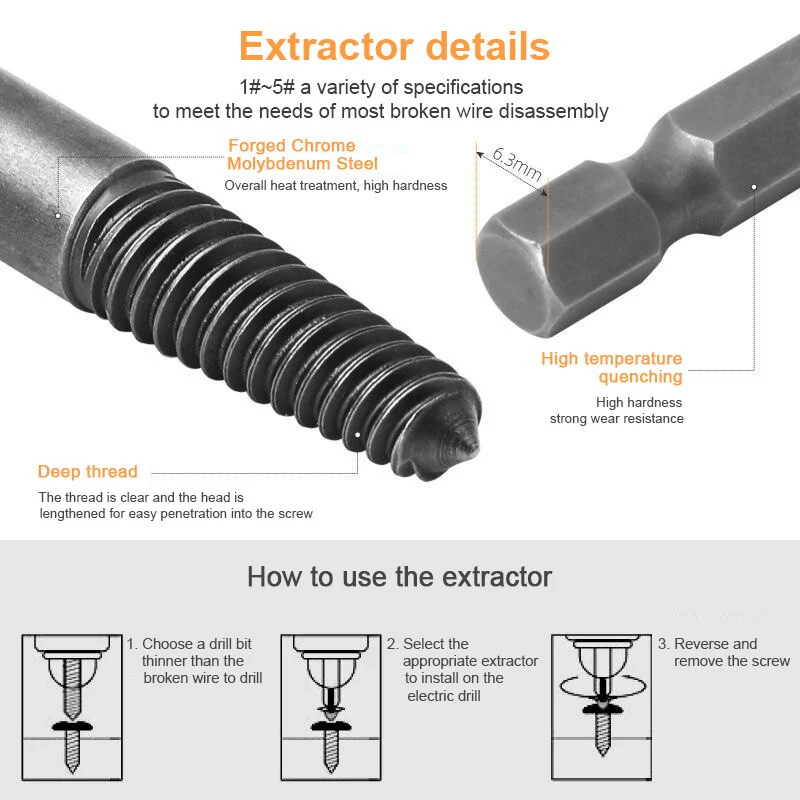 5pcs Hex Screw Extractors Tool Center Drill Bits Guide Set Damaged Bolt Remover Removal Tools Speed Easy Out Set Power Tool - Image 4