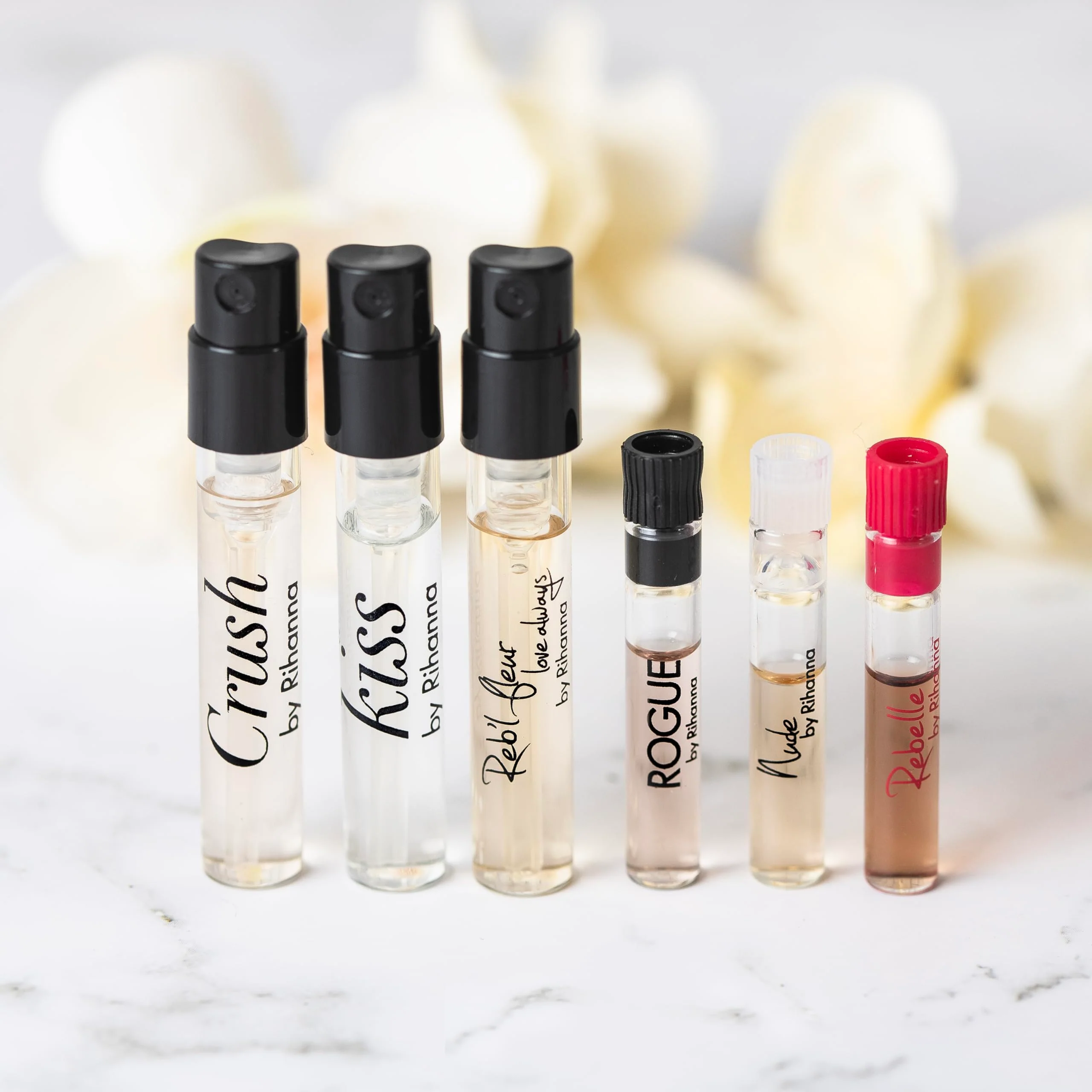 6 Rihana perfume samples for women: Crush, Reb'l Fleur, Kiss, Rogue, Rebelle, and Nude. Fragrance sample vial bottles perfume Set. Great for small gift or to try before purchasing bigger bottles. - Image 8