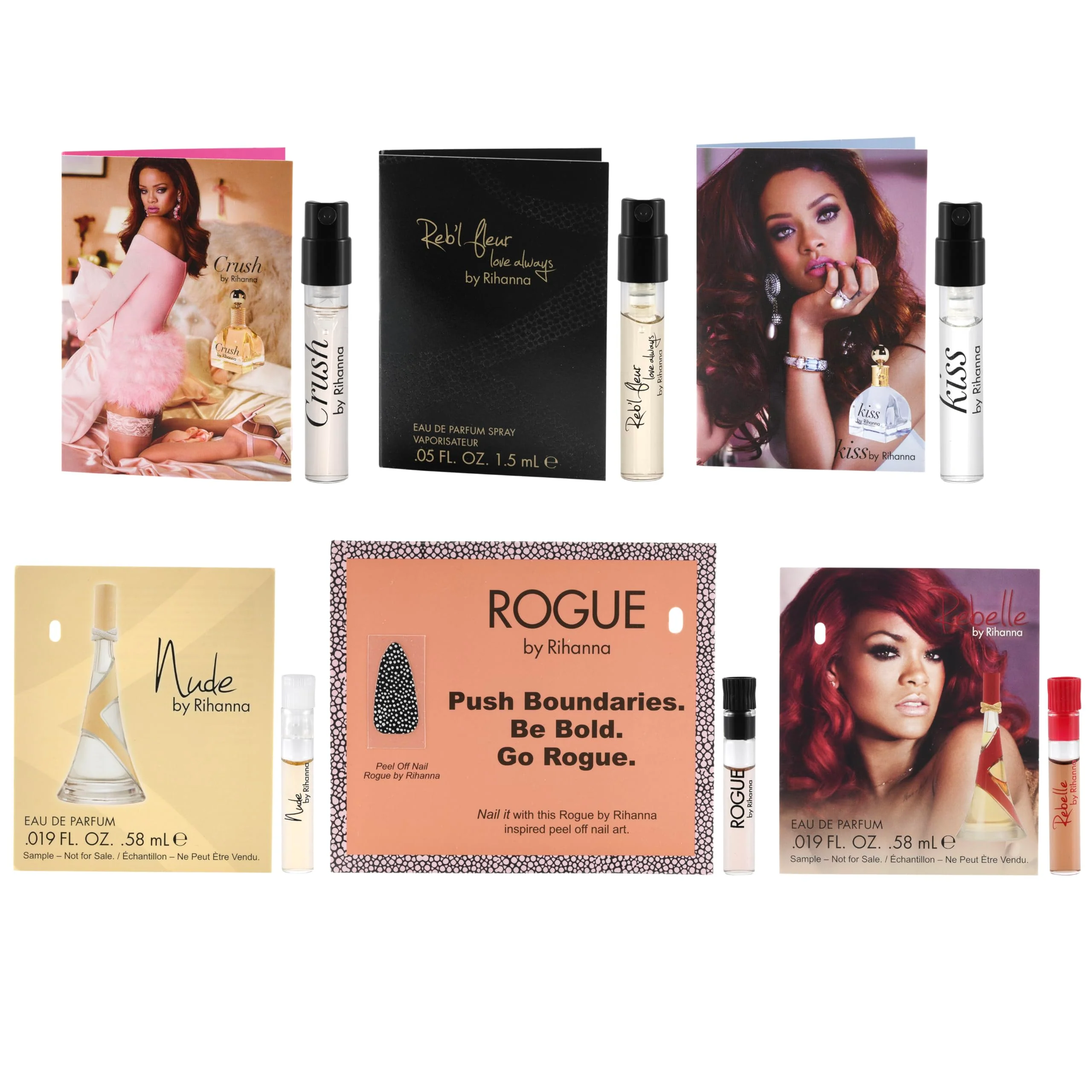 6 Rihana perfume samples for women: Crush, Reb'l Fleur, Kiss, Rogue, Rebelle, and Nude. Fragrance sample vial bottles perfume Set. Great for small gift or to try before purchasing bigger bottles. - Image 9
