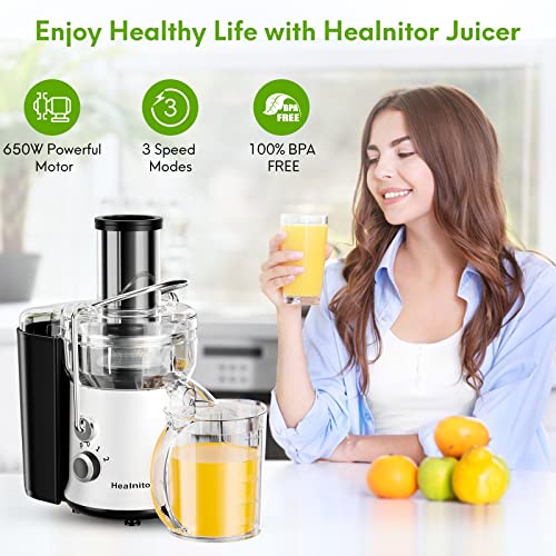 650W 3 Speeds Juicer Machines Vegetable and Fruit, Healnitor Centrifugal Juice Extractor with Wide 3” Feed Chute, Easy to Clean, BPA-Free Compact Centrifugal Juice Maker, White - Image 2