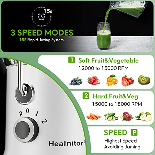 650W 3 Speeds Juicer Machines Vegetable and Fruit, Healnitor Centrifugal Juice Extractor with Wide 3” Feed Chute, Easy to Clean, BPA-Free Compact Centrifugal Juice Maker, White - Image 7