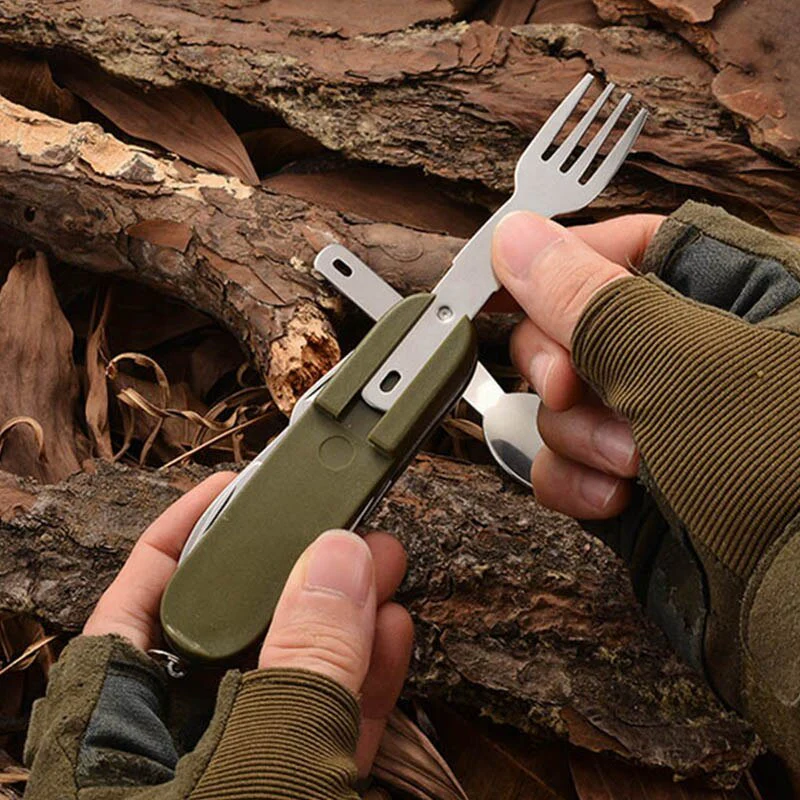 7 In 1 Multifunctional Outdoor Tableware Stainless Steel Foldable Fork Spoon Knife Picnic Camping Hiking Travelling Dinnerware - Image 6