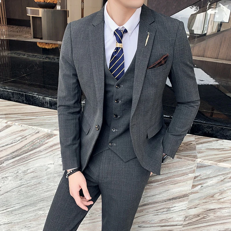 7XL Blazer Vest Pants High-end Brand Plaid Retro Business Suit Groom Wedding Party Slim Suit - Image 2