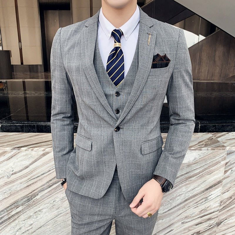 7XL Blazer Vest Pants High-end Brand Plaid Retro Business Suit Groom Wedding Party Slim Suit - Image 5