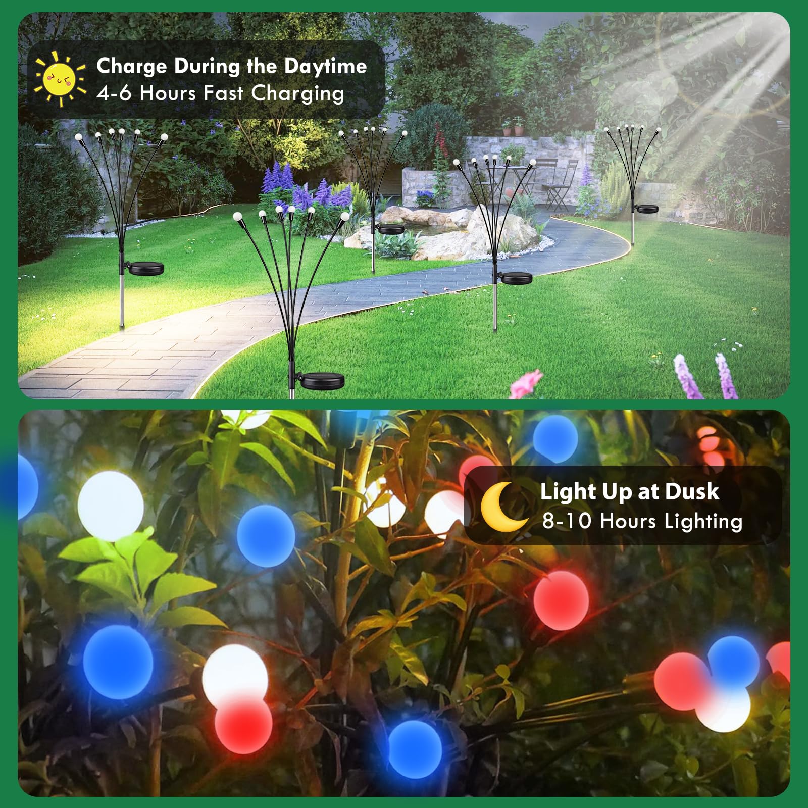 8-Pack Solar Garden Lights,48 LED Firefly Solar Lights for Outside, 4th of July Decorations Waterproof Swaying Solar Powered Yard Lights for Independence Day Path Garden Yard Decor(Red White and Blue) - Image 3