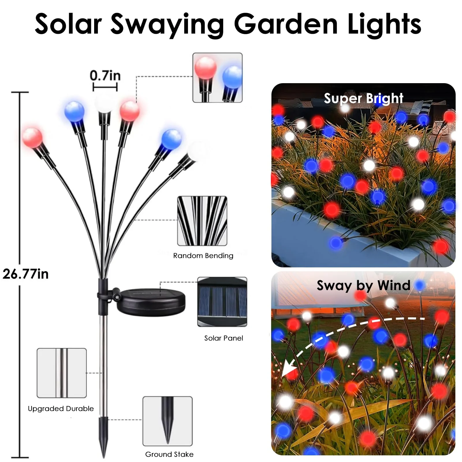 8-Pack Solar Garden Lights,48 LED Firefly Solar Lights for Outside, 4th of July Decorations Waterproof Swaying Solar Powered Yard Lights for Independence Day Path Garden Yard Decor(Red White and Blue) - Image 4