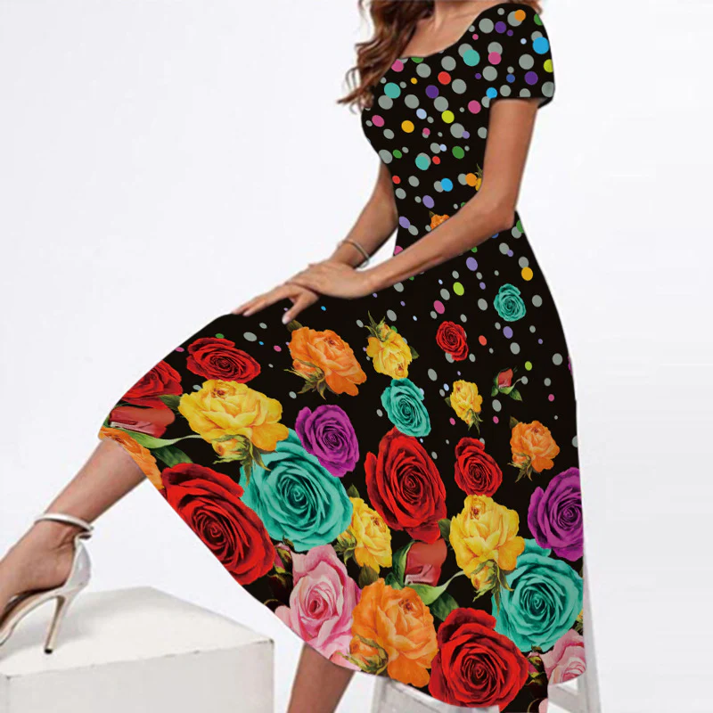 8131-4 Summer Fashion Short Sleeve Dress Maxi Floral Print Casual Elegant Dresses