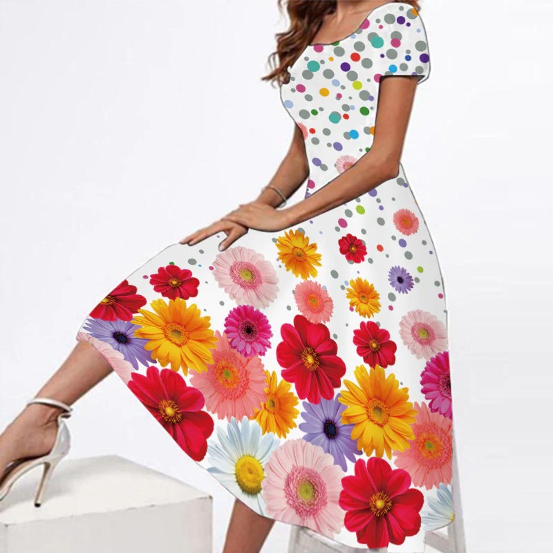8131-4 Summer Fashion Short Sleeve Dress Maxi Floral Print Casual Elegant Dresses - Image 11