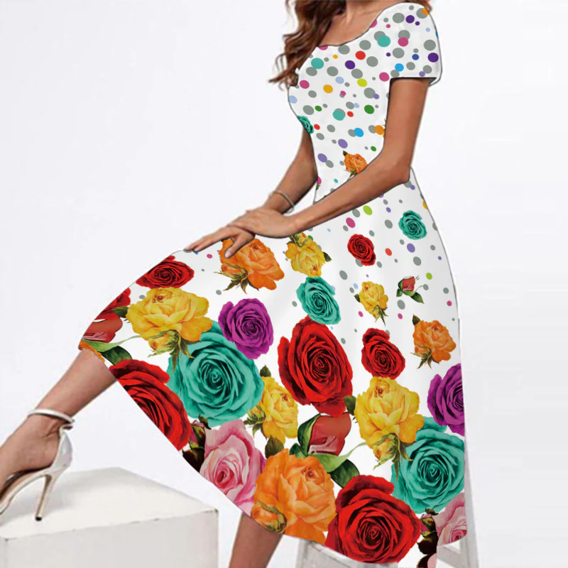 8131-4 Summer Fashion Short Sleeve Dress Maxi Floral Print Casual Elegant Dresses - Image 6