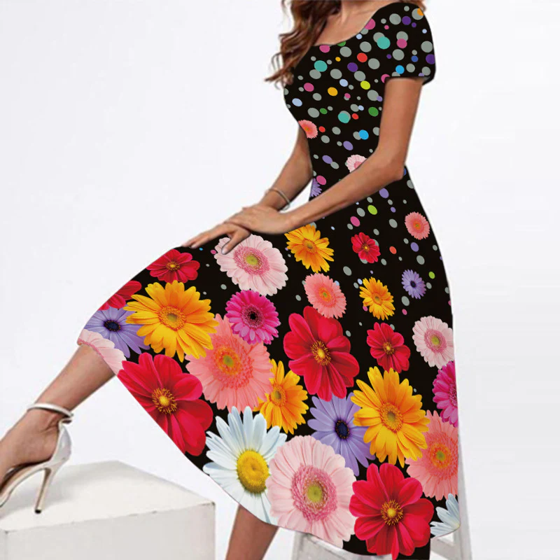 8131-4 Summer Fashion Short Sleeve Dress Maxi Floral Print Casual Elegant Dresses - Image 7