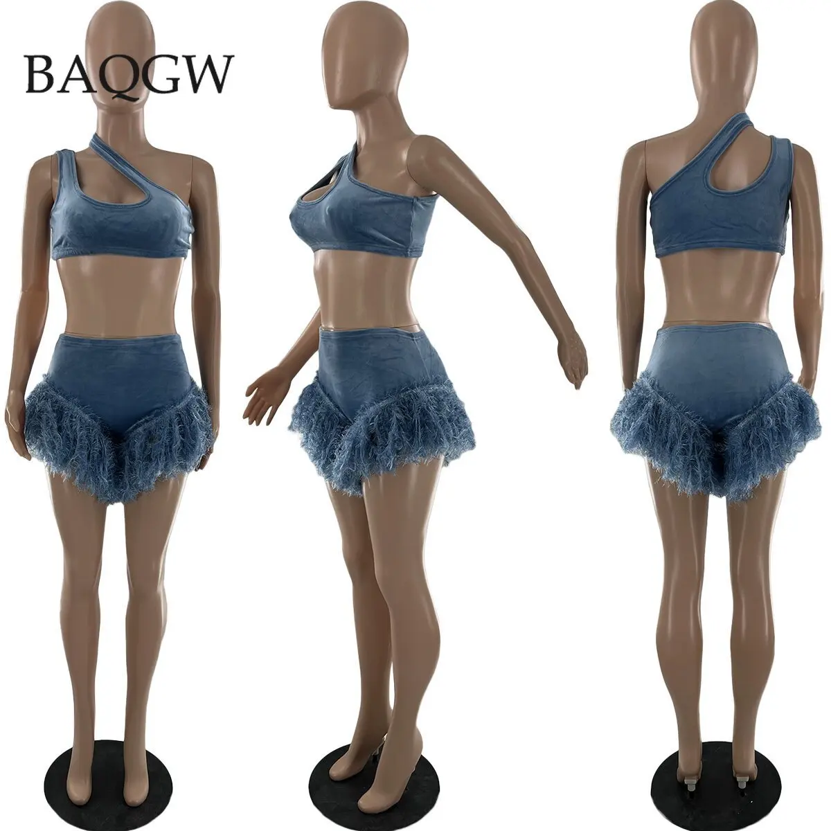 9 Colors Feather Fringe Patchwork Shorts and Crop Top Two Piece Set Summer Streetwear Women Sexy Bodycon Tracksuit Party Outfits - Image 5