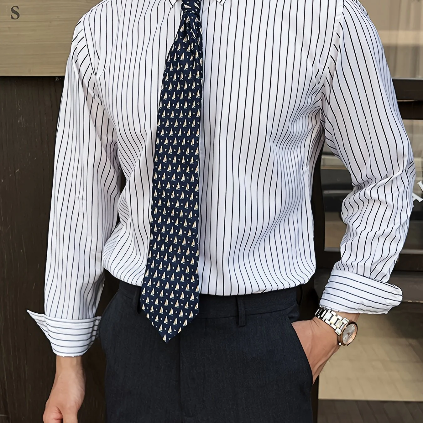 A Classic Regular-Fit Men'S Dress Shirt with Wide Vertical Stripes. - Image 13