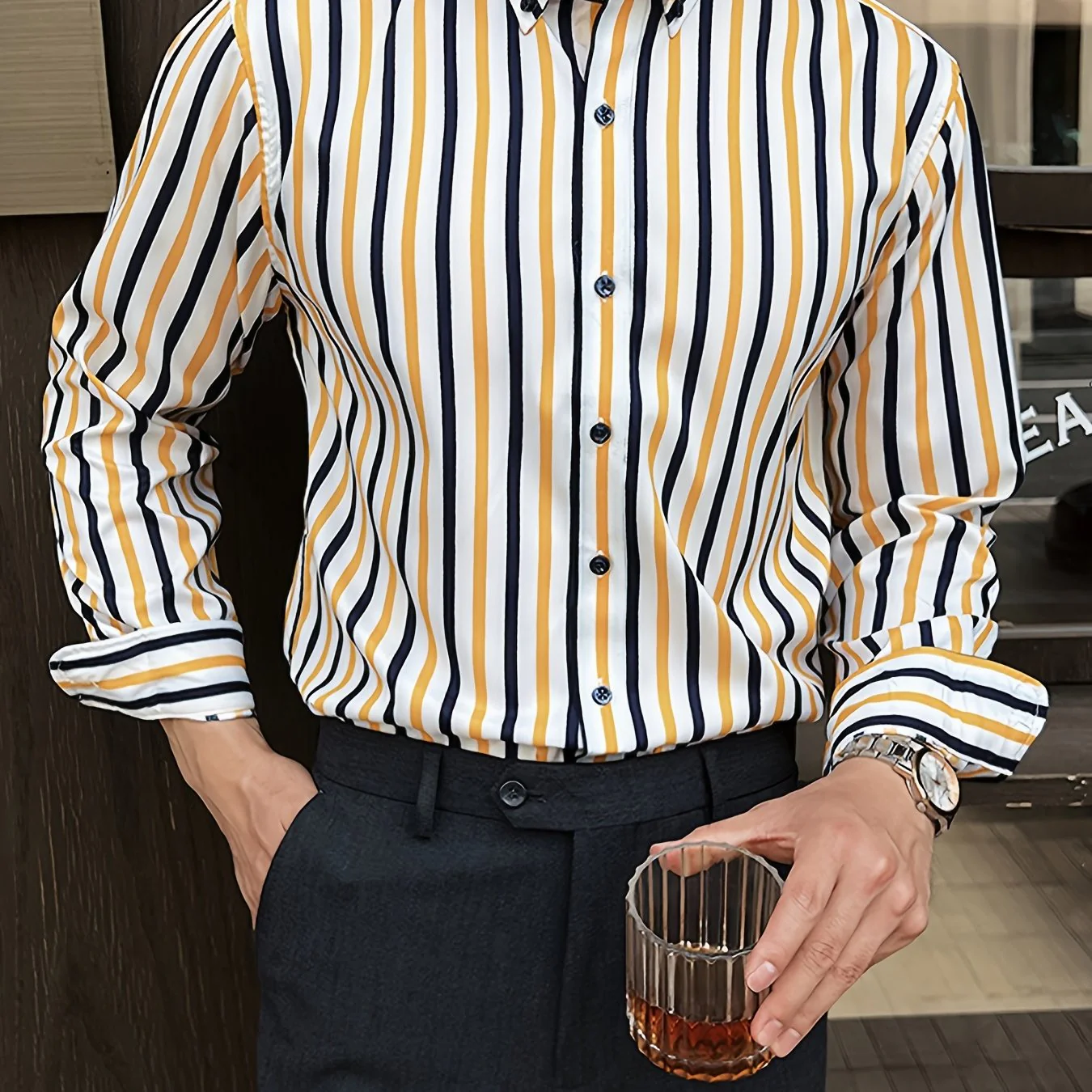 A Classic Regular-Fit Men'S Dress Shirt with Wide Vertical Stripes. - Image 14