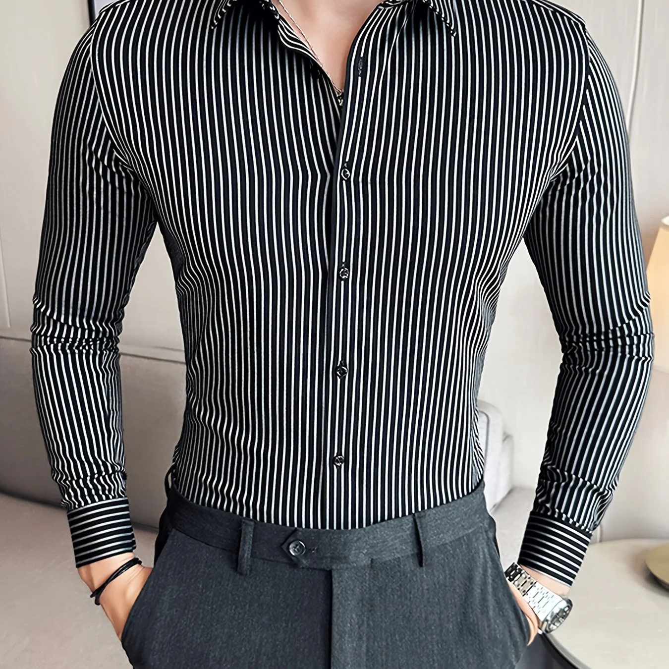 A Classic Regular-Fit Men'S Dress Shirt with Wide Vertical Stripes. - Image 15