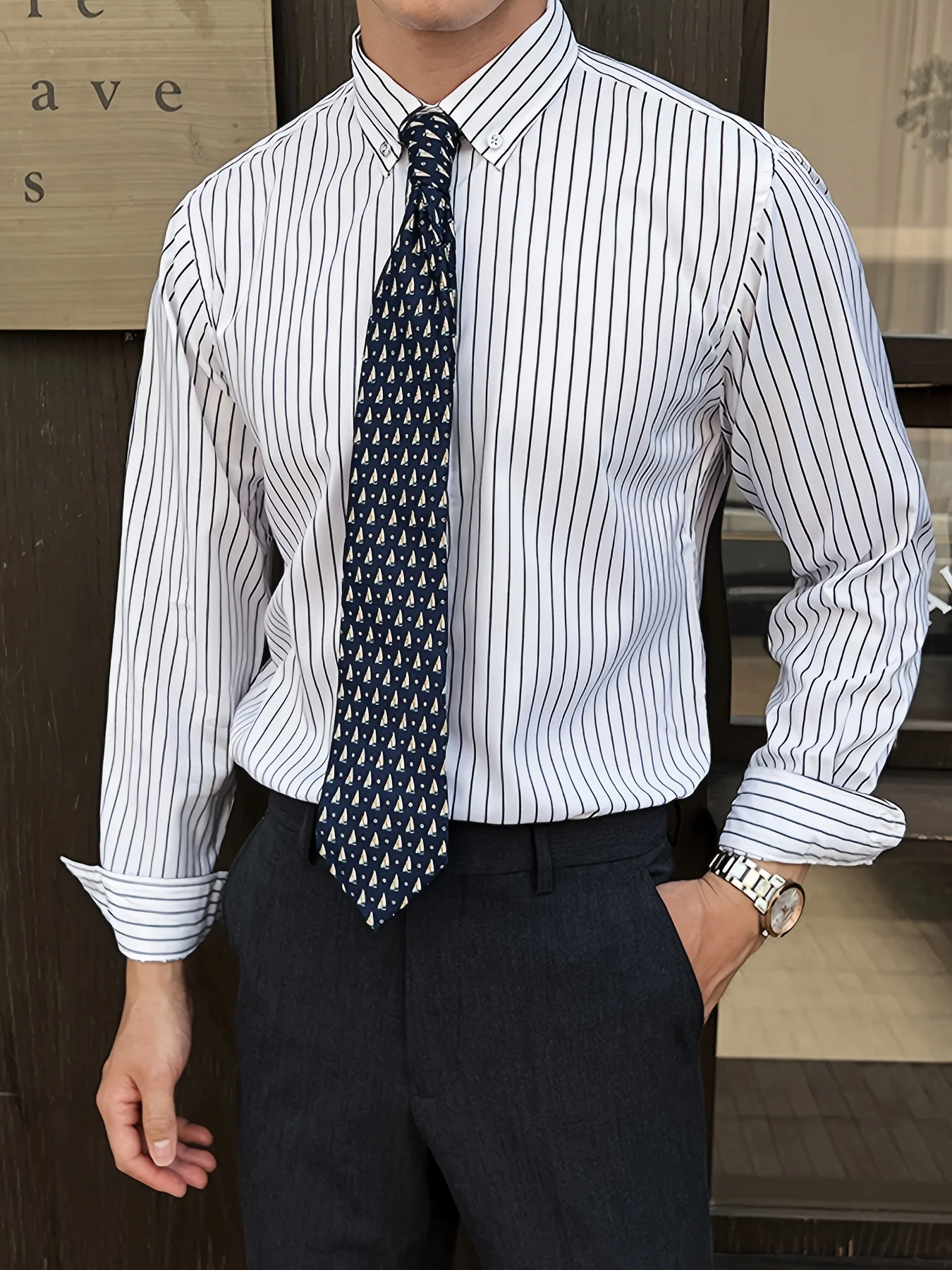A Classic Regular-Fit Men'S Dress Shirt with Wide Vertical Stripes. - Image 2