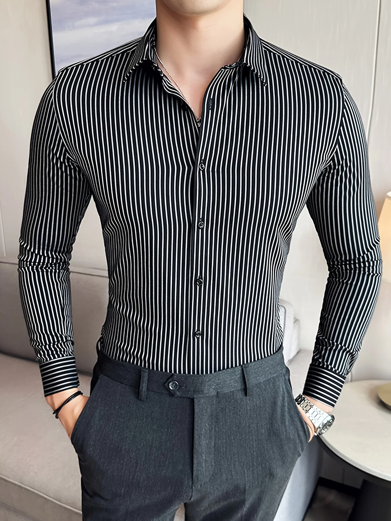 A Classic Regular-Fit Men'S Dress Shirt with Wide Vertical Stripes. - Image 3
