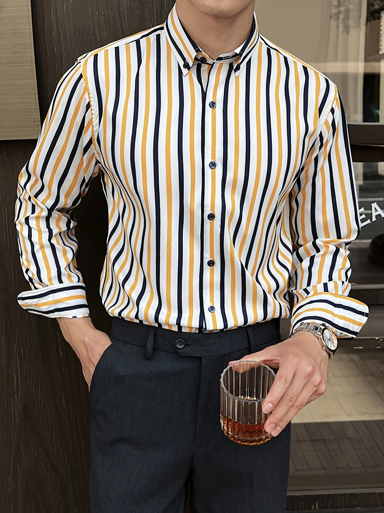 A Classic Regular-Fit Men'S Dress Shirt with Wide Vertical Stripes. - Image 6