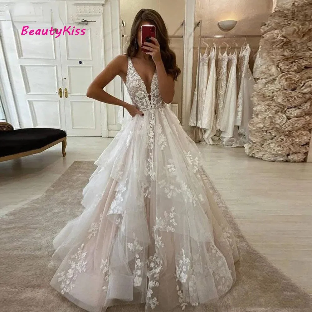 A-Line V-Neck Boho Wedding Dress Puffy Tulle Princess Bridal Dresses Plus Size Lace Appliques Backless Long Wedding Party Gowns - Image 3