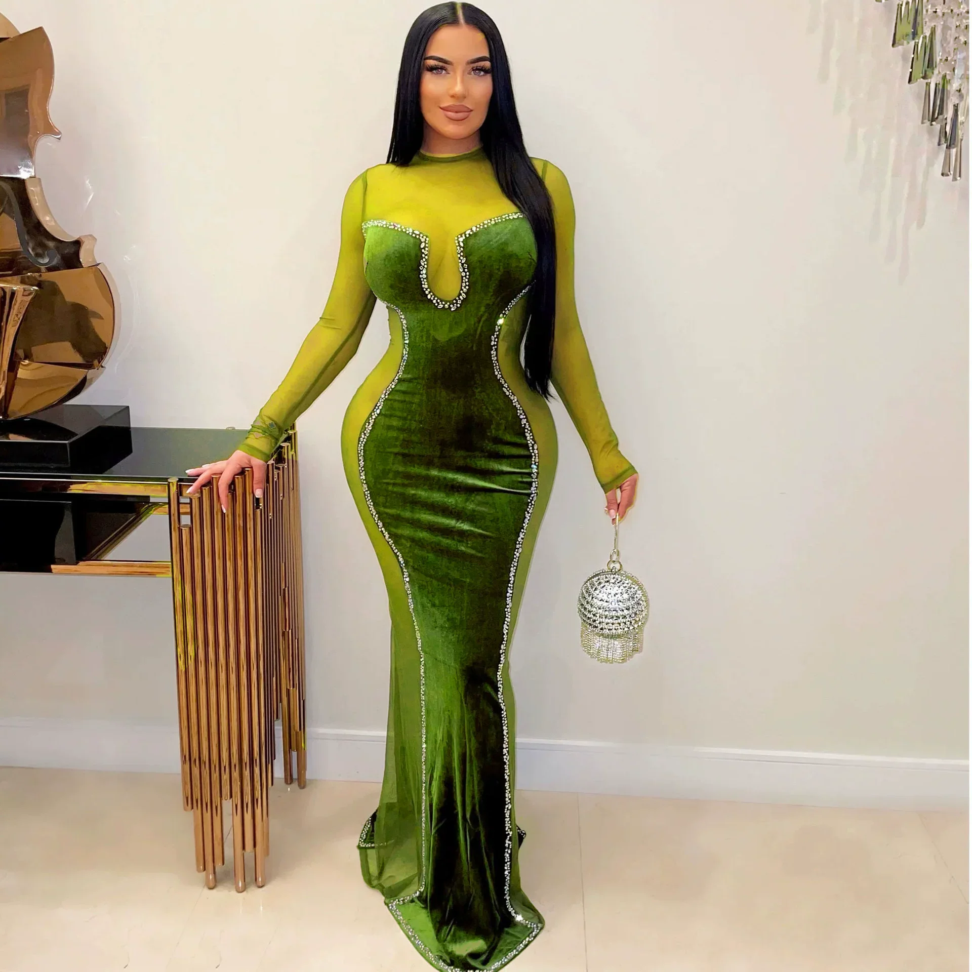 A7353 Fashion Sexy Slim-Fit Sheath Korean Velvet Mesh Dress Nightclub Uniforms - Image 2