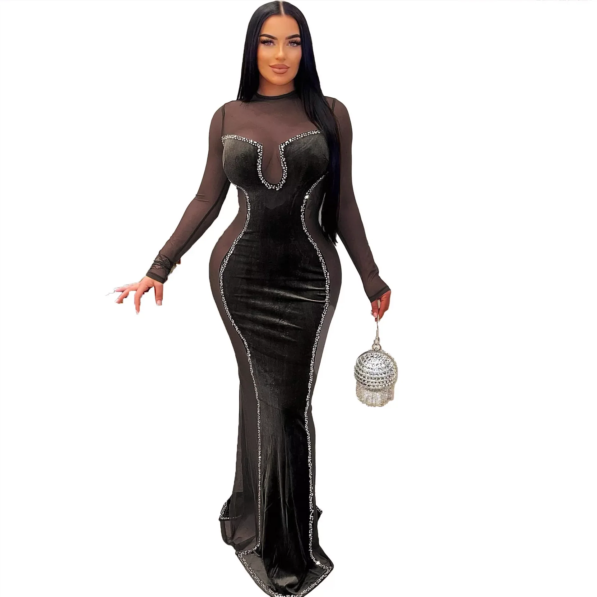 A7353 Fashion Sexy Slim-Fit Sheath Korean Velvet Mesh Dress Nightclub Uniforms - Image 6