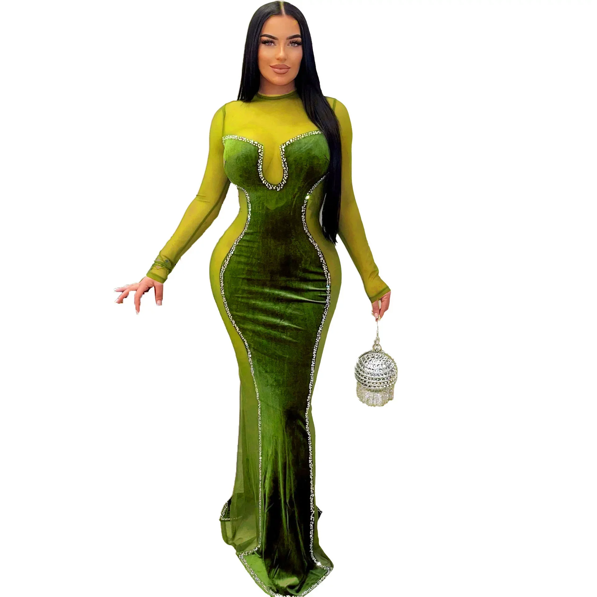 A7353 Fashion Sexy Slim-Fit Sheath Korean Velvet Mesh Dress Nightclub Uniforms - Image 7