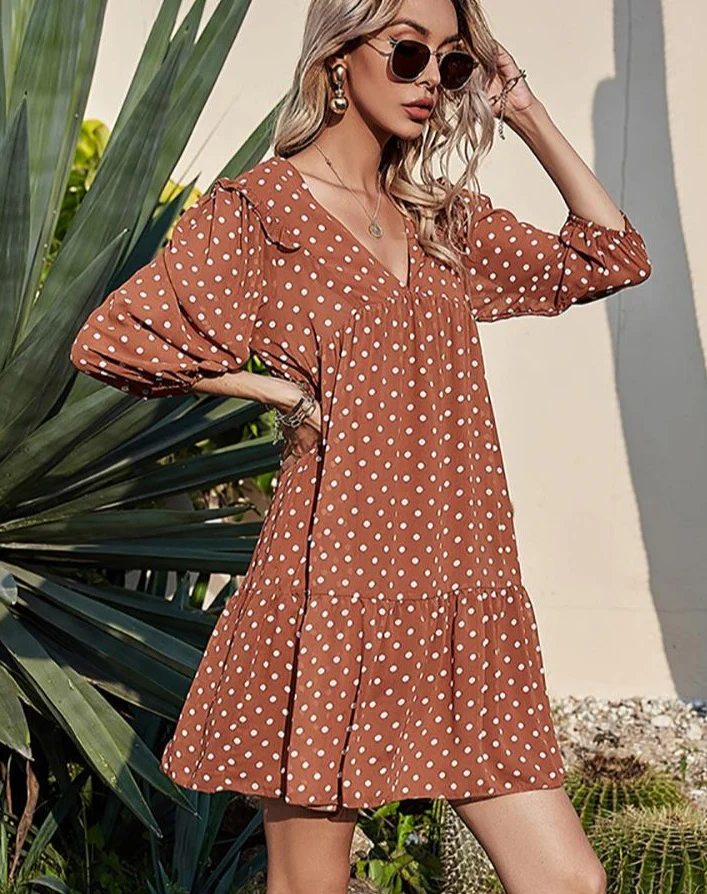 Aachoae Sexy Women Casual Loose Polka Dot Dress V Neck Pleated Chiffon Dress - Image 4
