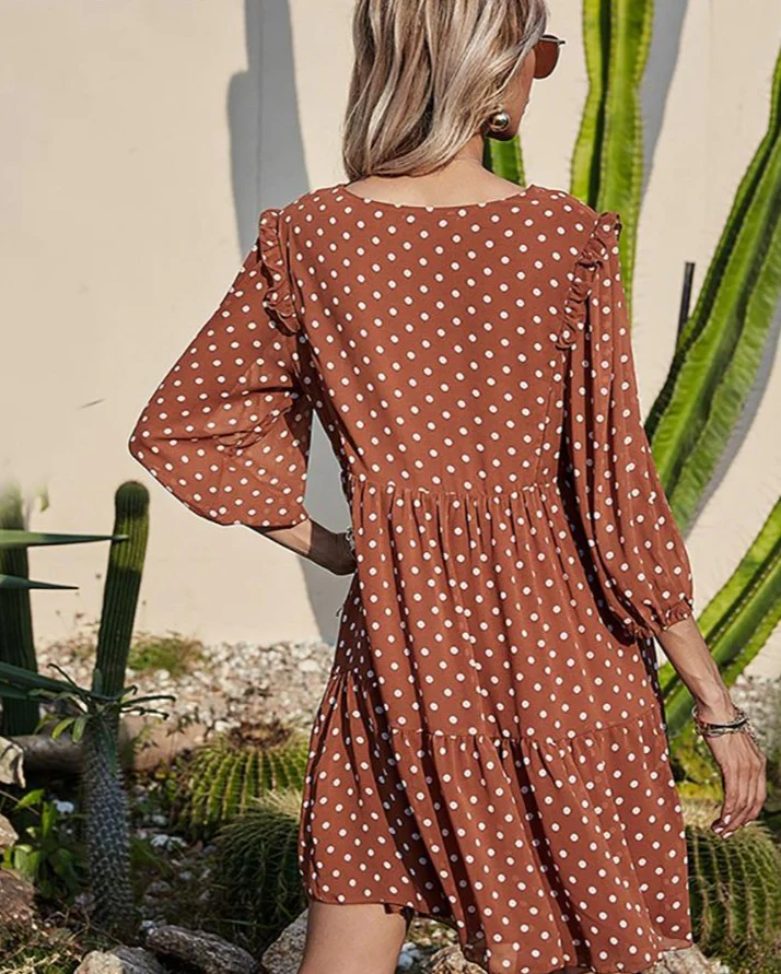Aachoae Sexy Women Casual Loose Polka Dot Dress V Neck Pleated Chiffon Dress - Image 6