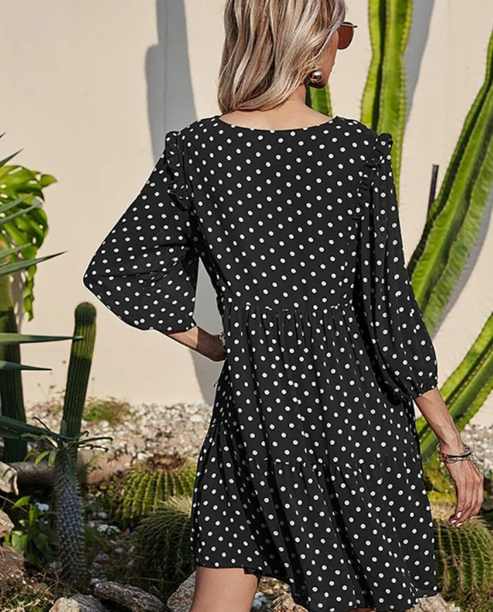 Aachoae Sexy Women Casual Loose Polka Dot Dress V Neck Pleated Chiffon Dress - Image 7