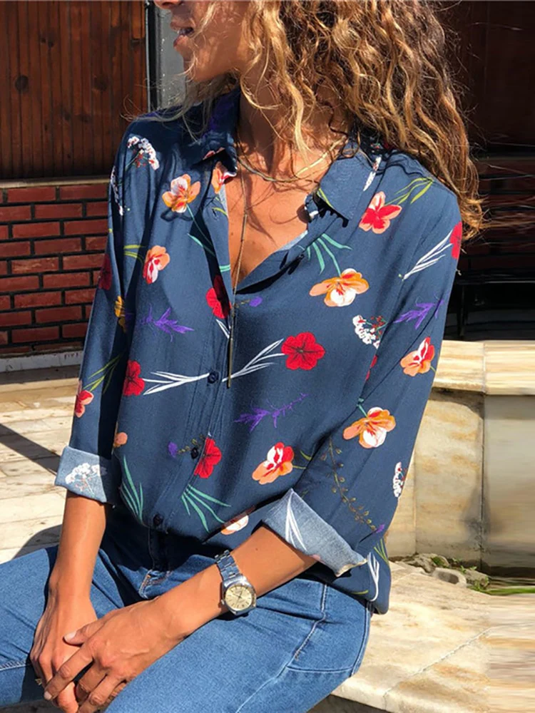 Aachoae Womens Tops and Blouses 2022 Summer Floral Print Blouse Long Sleeve Turn Down Collar Office Shirt Blusas Mujer - Image 8