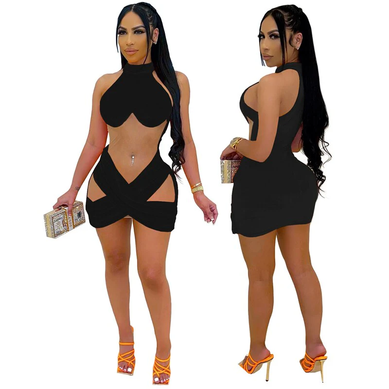 Adogirl Sexy Fashionable Sheer Mesh Patchwork Velvet Mini Dress Halter Sleeveless Cross Bodycon - Image 4