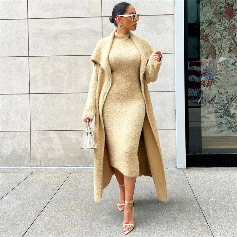 Adogirl Sexy Flannel Two Piece Set Women Turtleneck Sleeveless Midi Tank Dress Turn Down Collar - Image 4