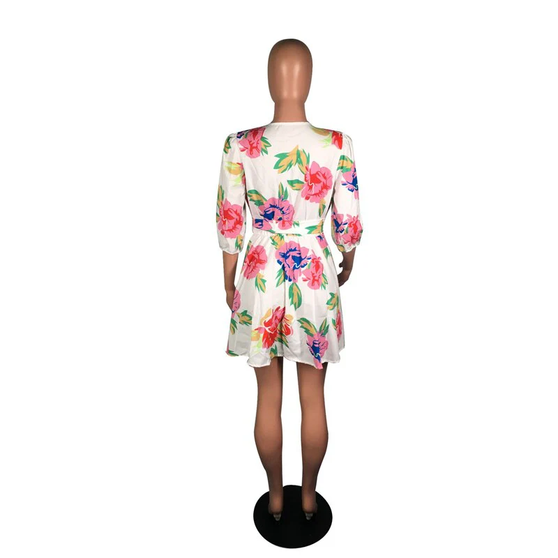 Adogirl Sexy Floral Print Casual Mini Dress 2019 Autumn New Deep V Neck 3/4 Sleeve Flare Dress - Image 6